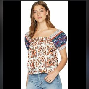 Joie White and Brown Smocked Puff Sleeve Blouse